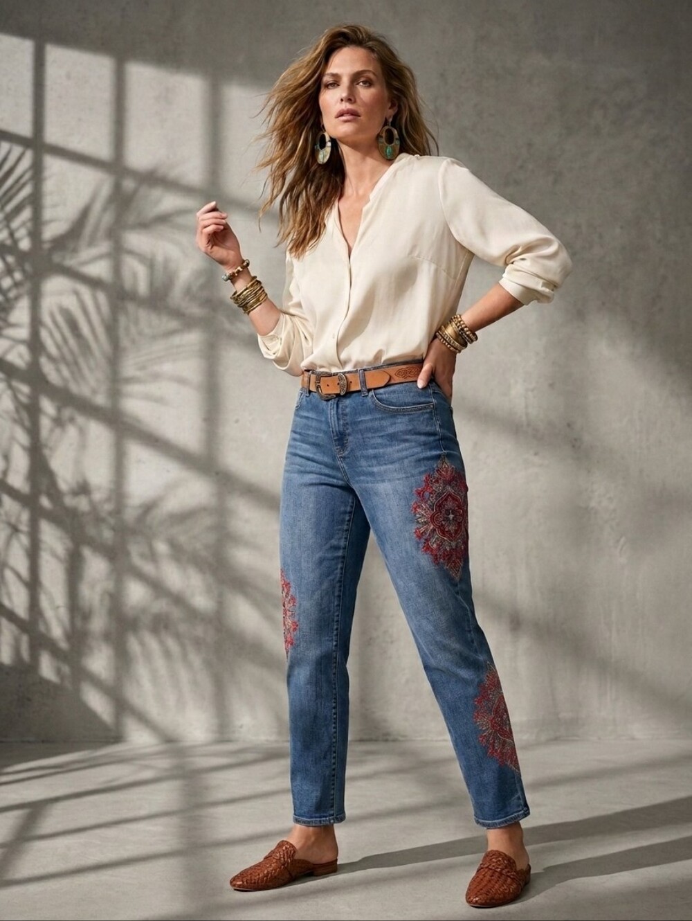 Chico's So Slimming Girlfriend Jeans Size 2 (US 12) Embroidered Boho Ankle